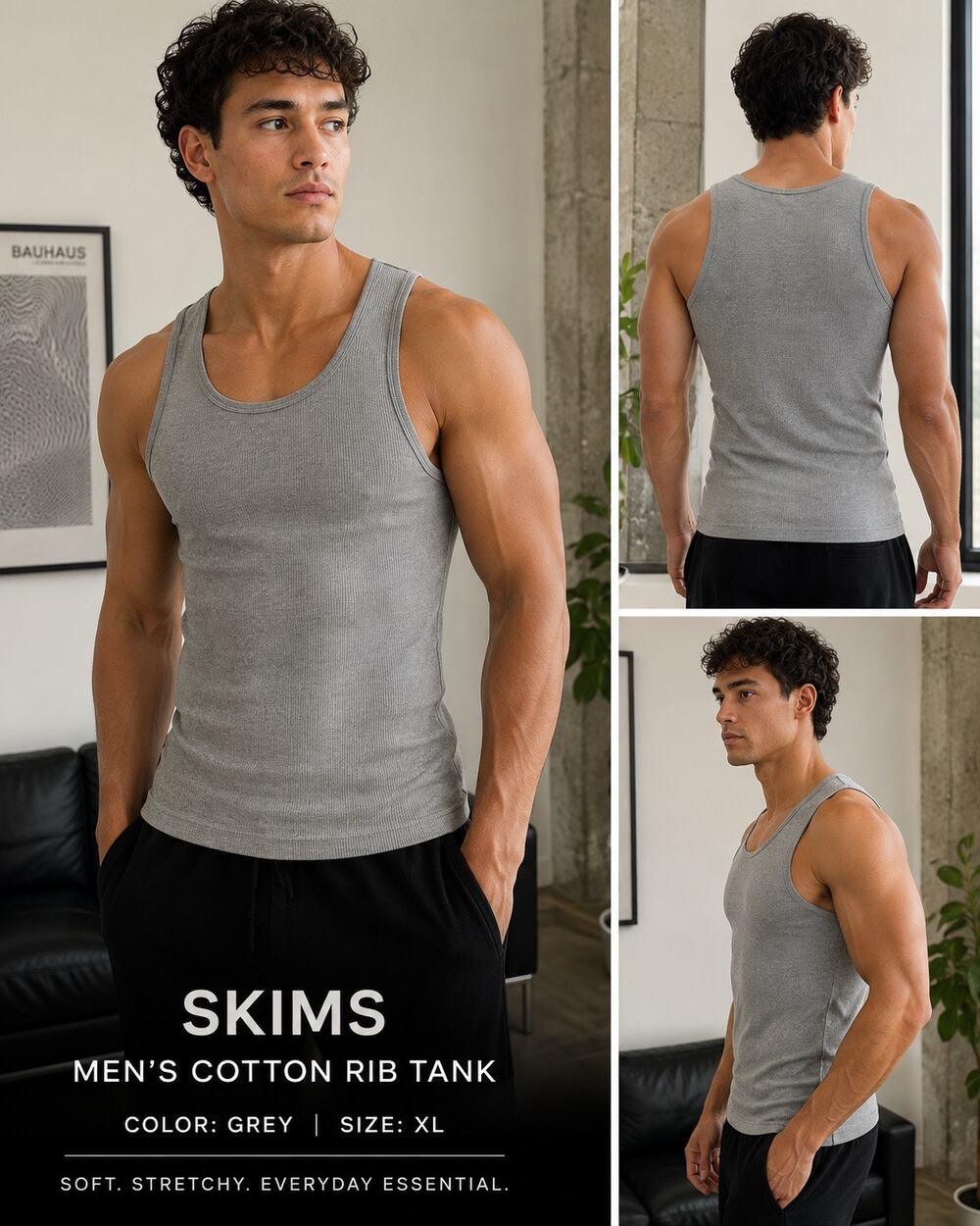 SKIMS Men’s Cotton Rib Tank Gray Ribbed Scoop Neck Minimalist Athleisure XL
